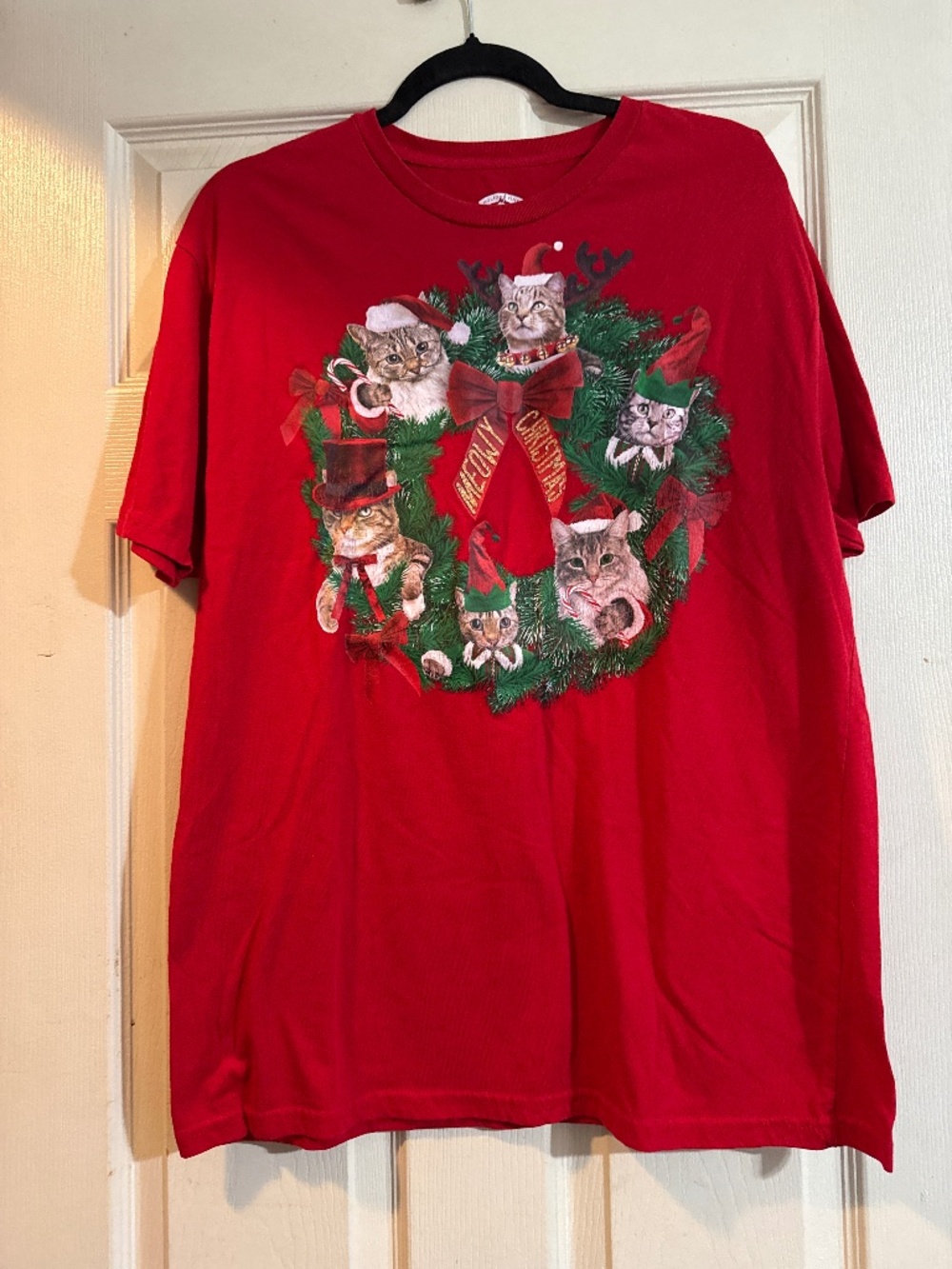 Holiday time Christmas wreath cat t-shirt